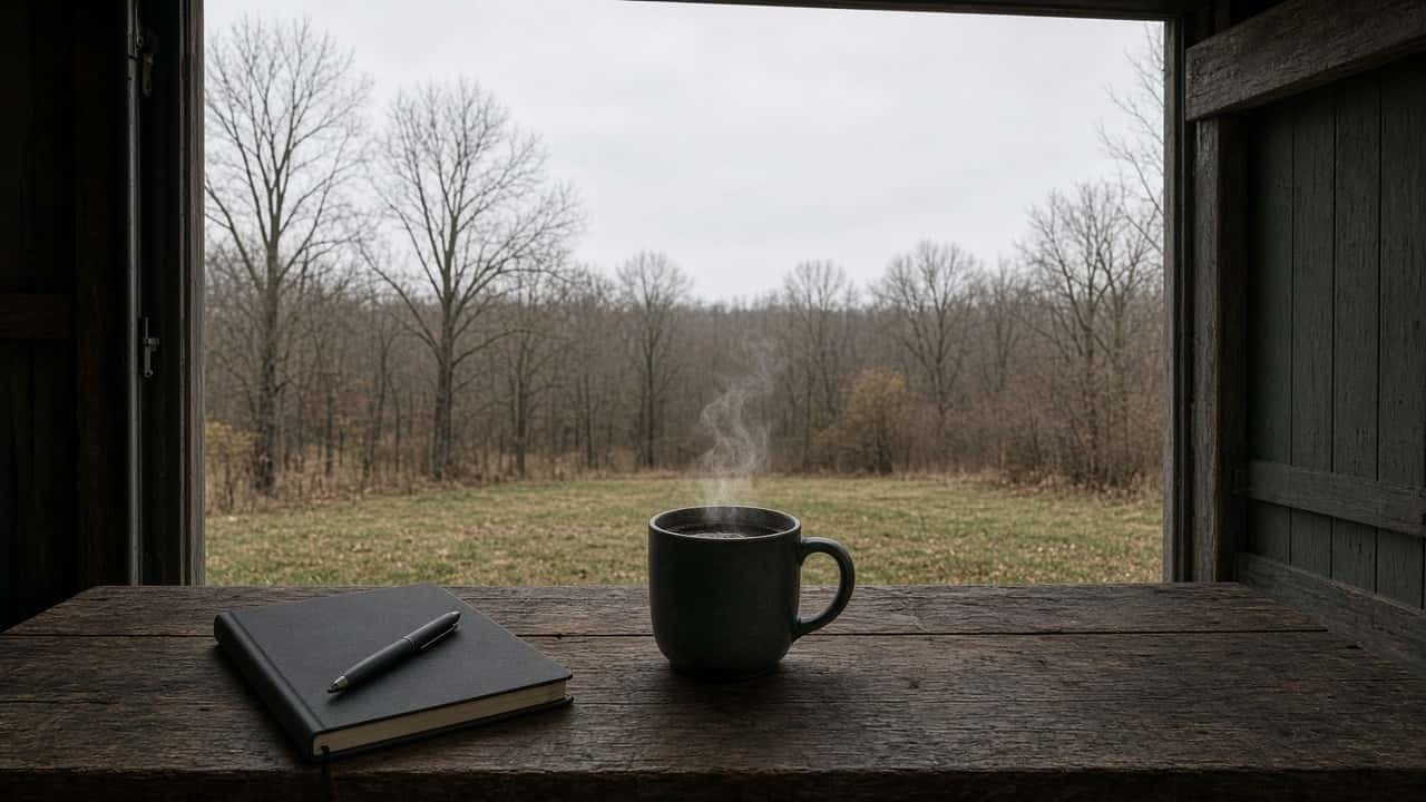 A notebook, pen, and steaming coffee on a workbench inside an open garage door, looking out at a dormant lawn and bare winter trees.
